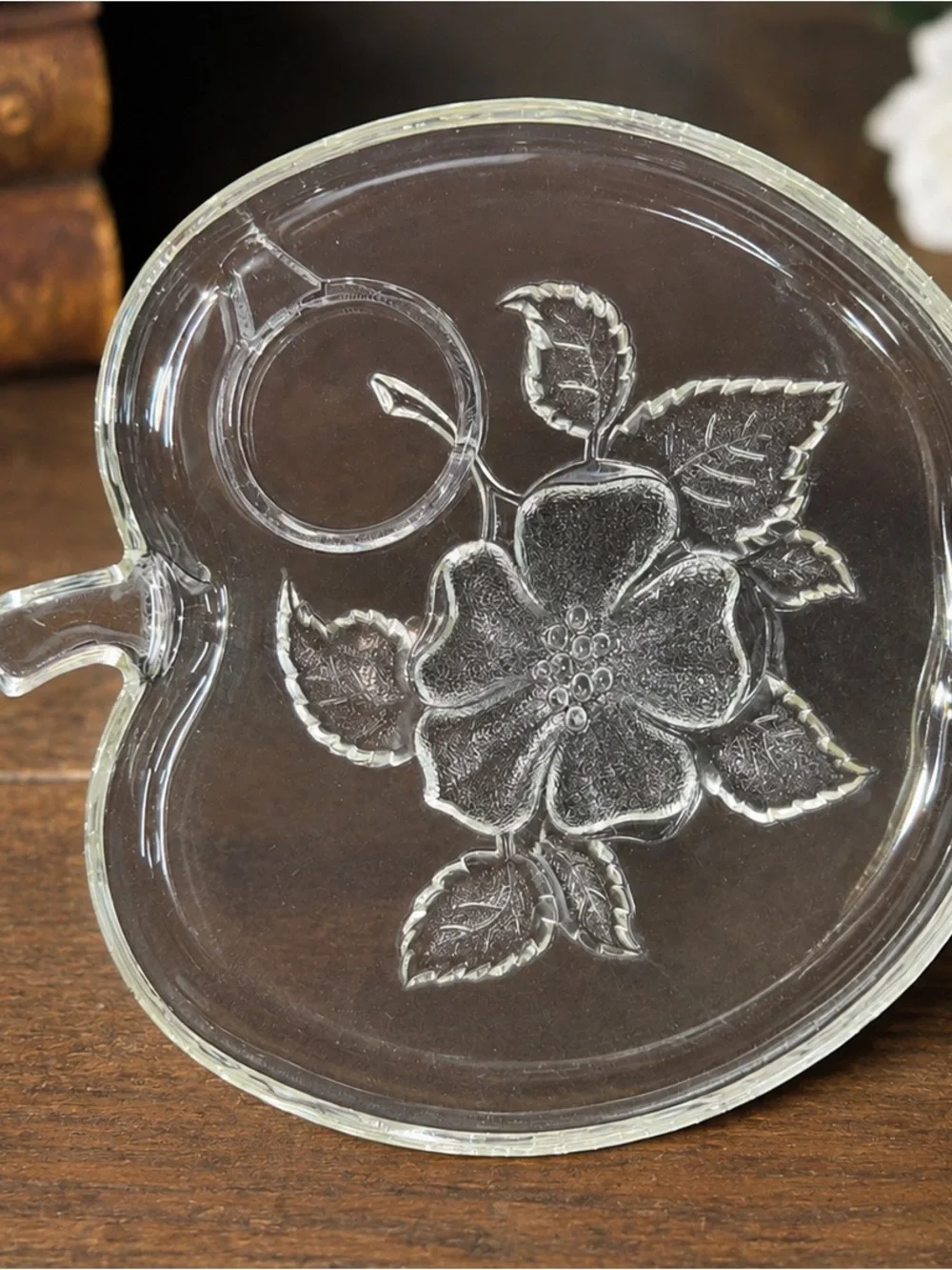 Vintage Hazel Atlas Wild Rose Clear Glass Snack Set Cup & Apple Plate 2 Pc